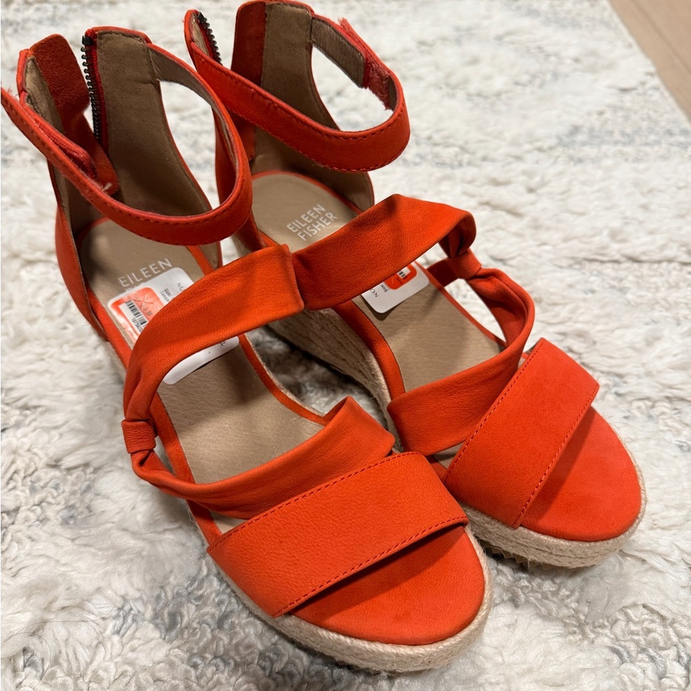 Eileen Fisher Bright Orange Strappy Espadrille Wedge Sandals